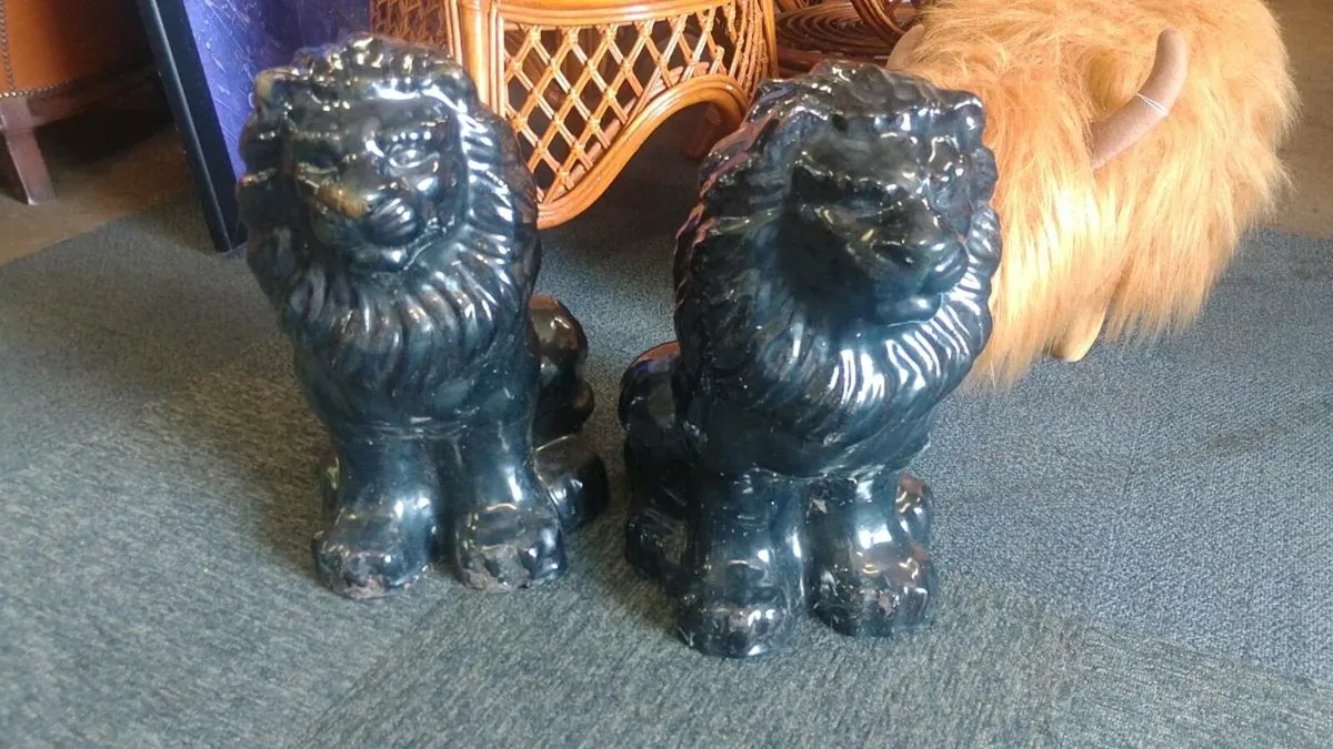 Pair Of Decorative Black Stoneware Lions - Image 2