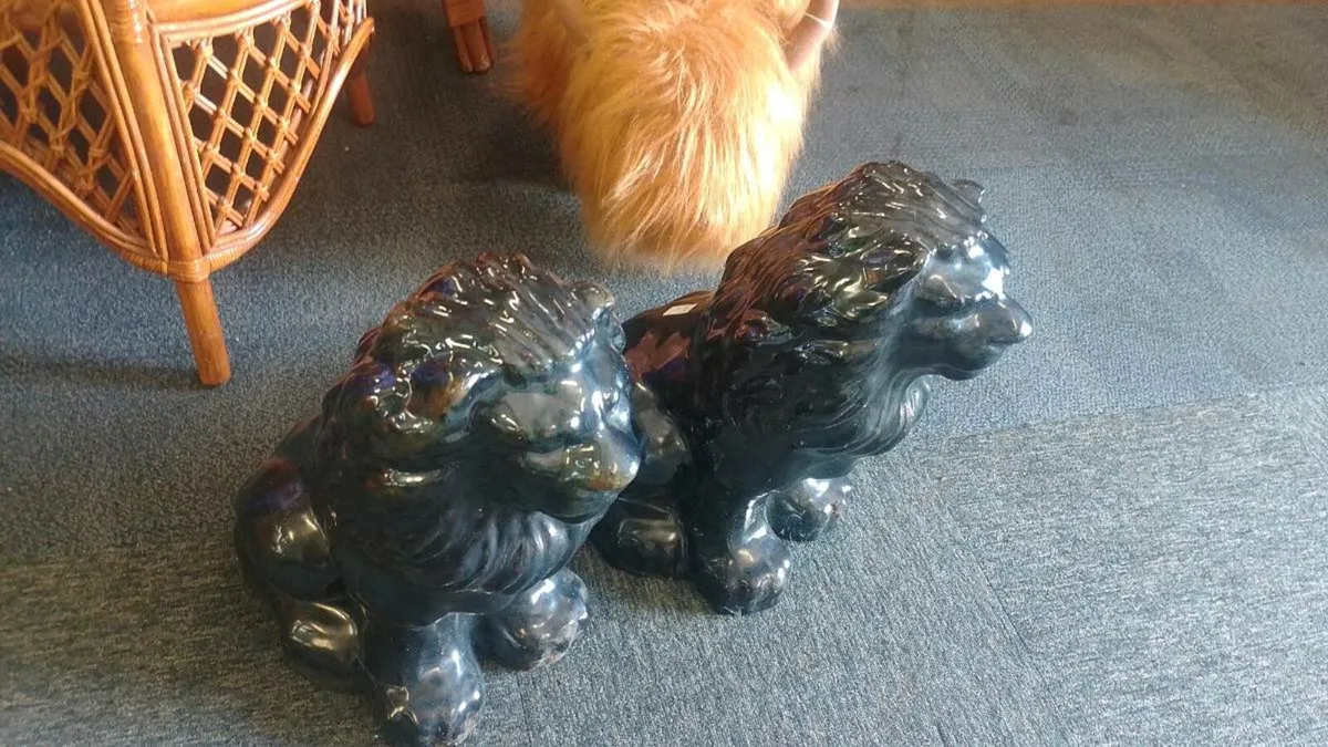 Pair Of Decorative Black Stoneware Lions - Image 3