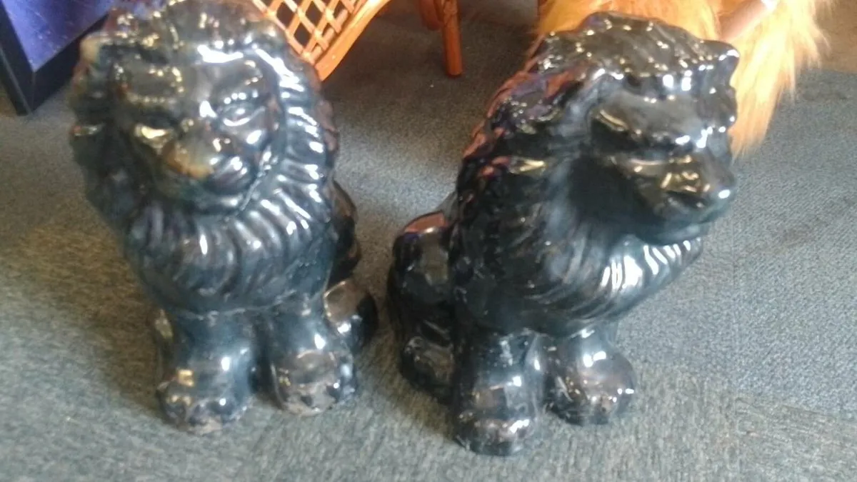 Pair Of Decorative Black Stoneware Lions - Image 4