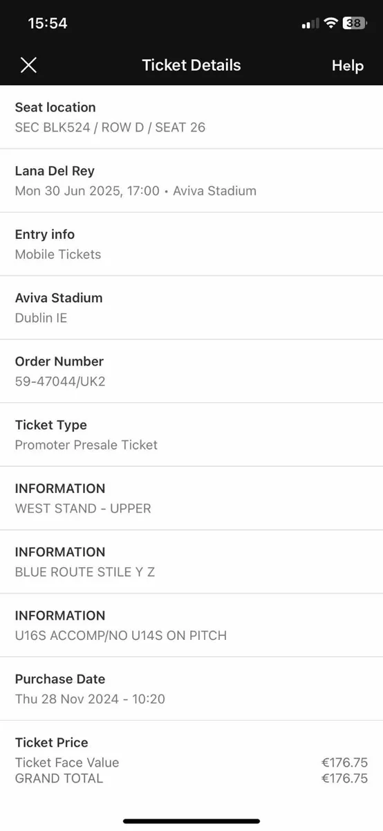 Lana Del Rey ticket Aviva Monday 30th June