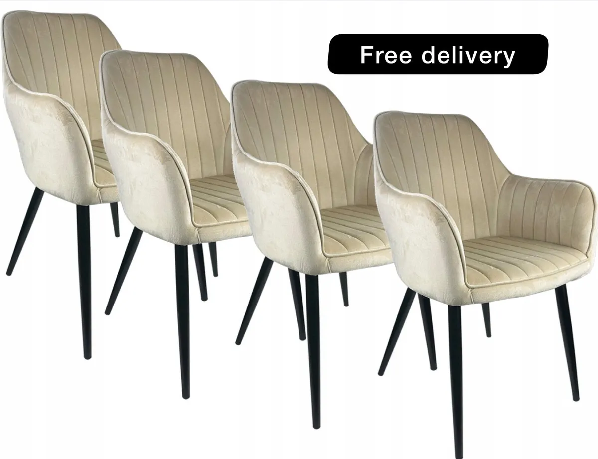 4x Upholstered Beige Velour Chairs - Image 1