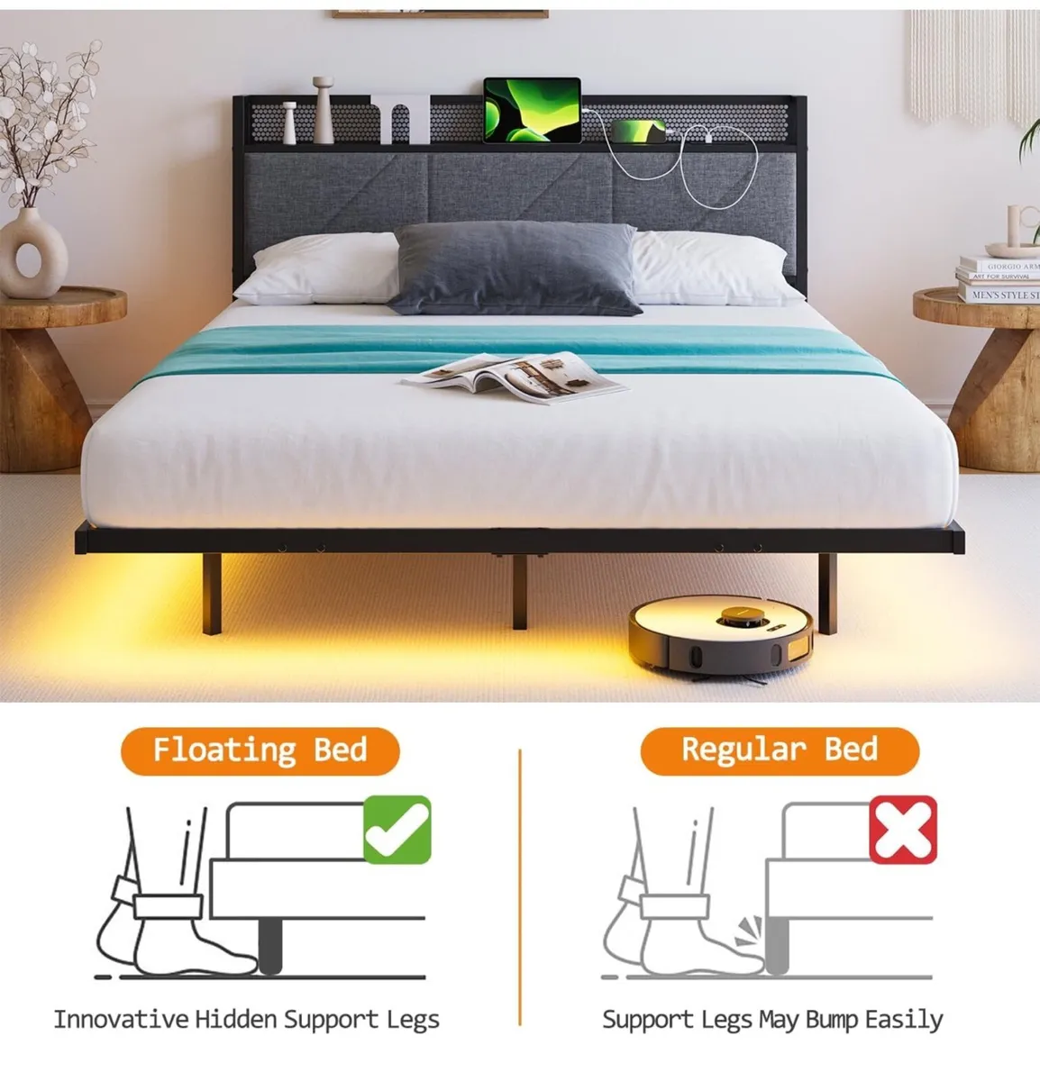 Floating Double Bed Frame with LED Lights & USB Ch - Image 4