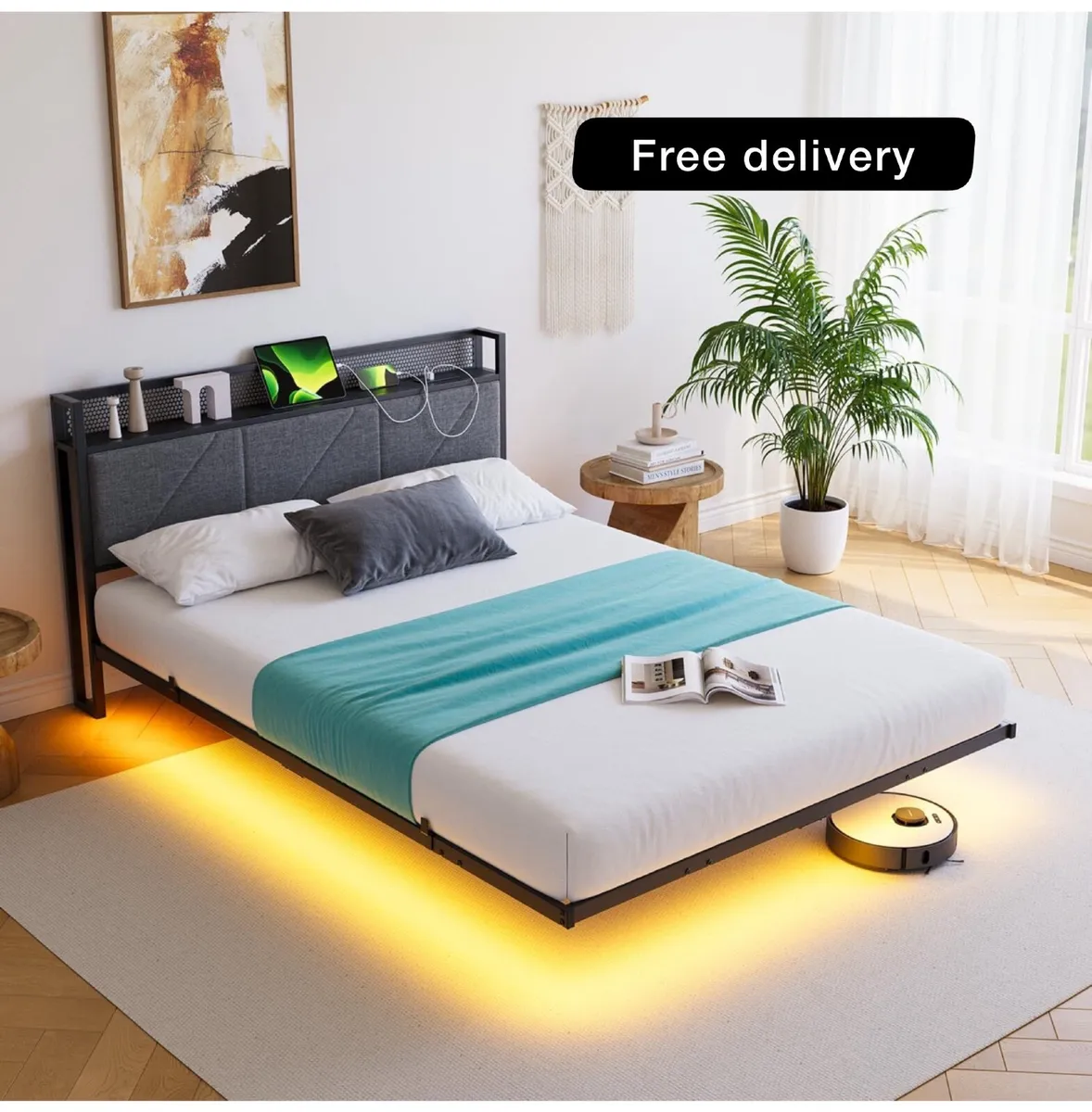 Floating Double Bed Frame with LED Lights & USB Ch - Image 1