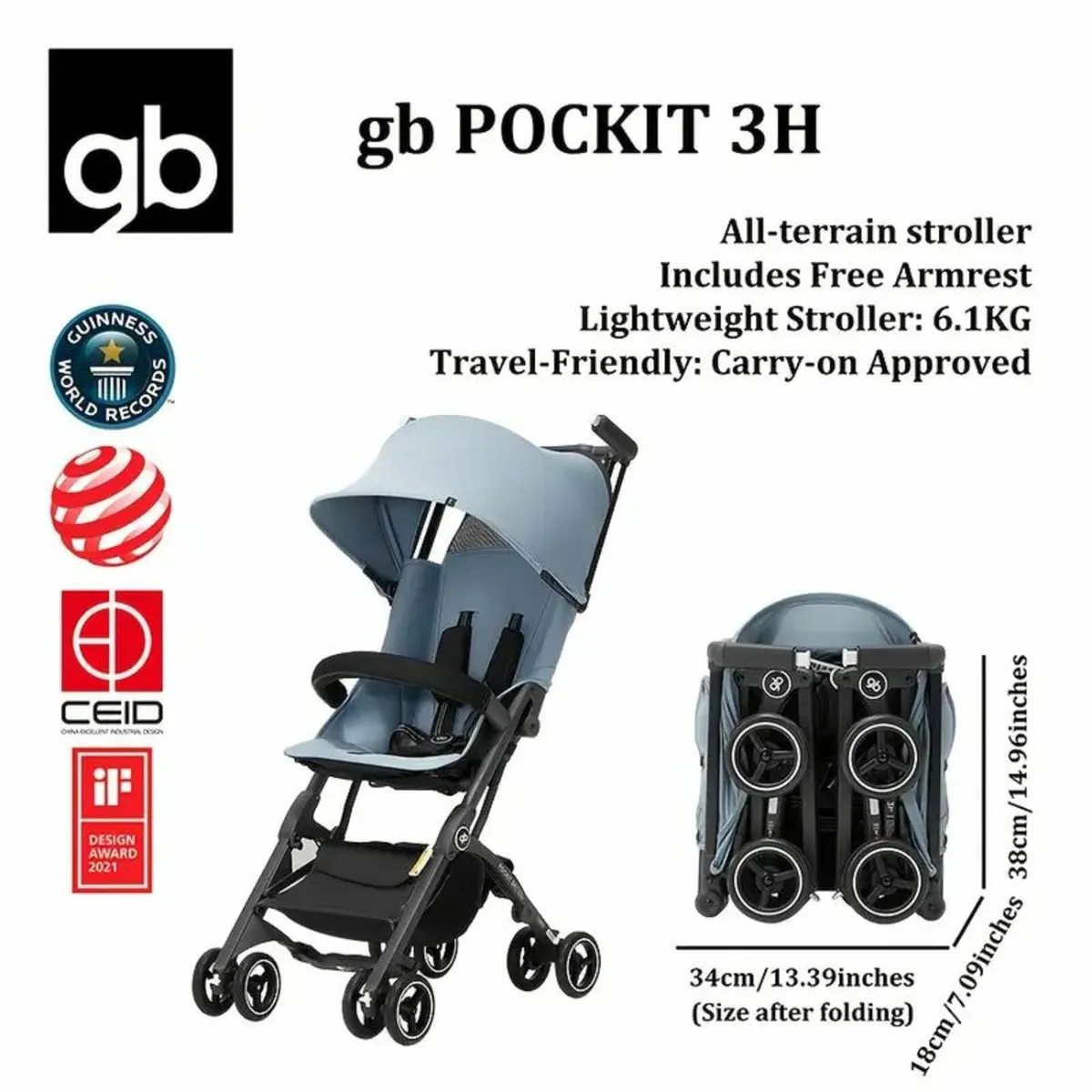 Gb Pockit 3H, Blue, Ultra Light Baby Stroller - Image 2