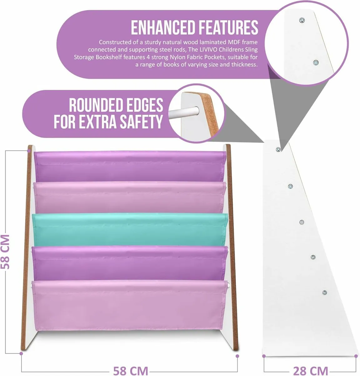 Childrens Colourful Sling Storage Bookshelf Pink - Image 2