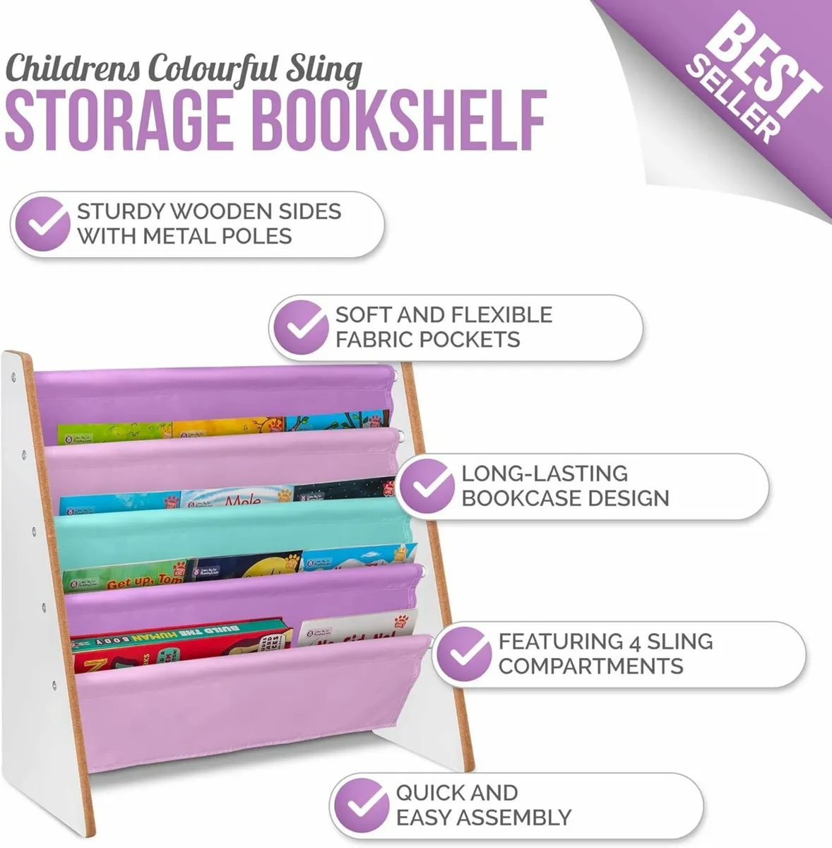 Childrens Colourful Sling Storage Bookshelf Pink - Image 3