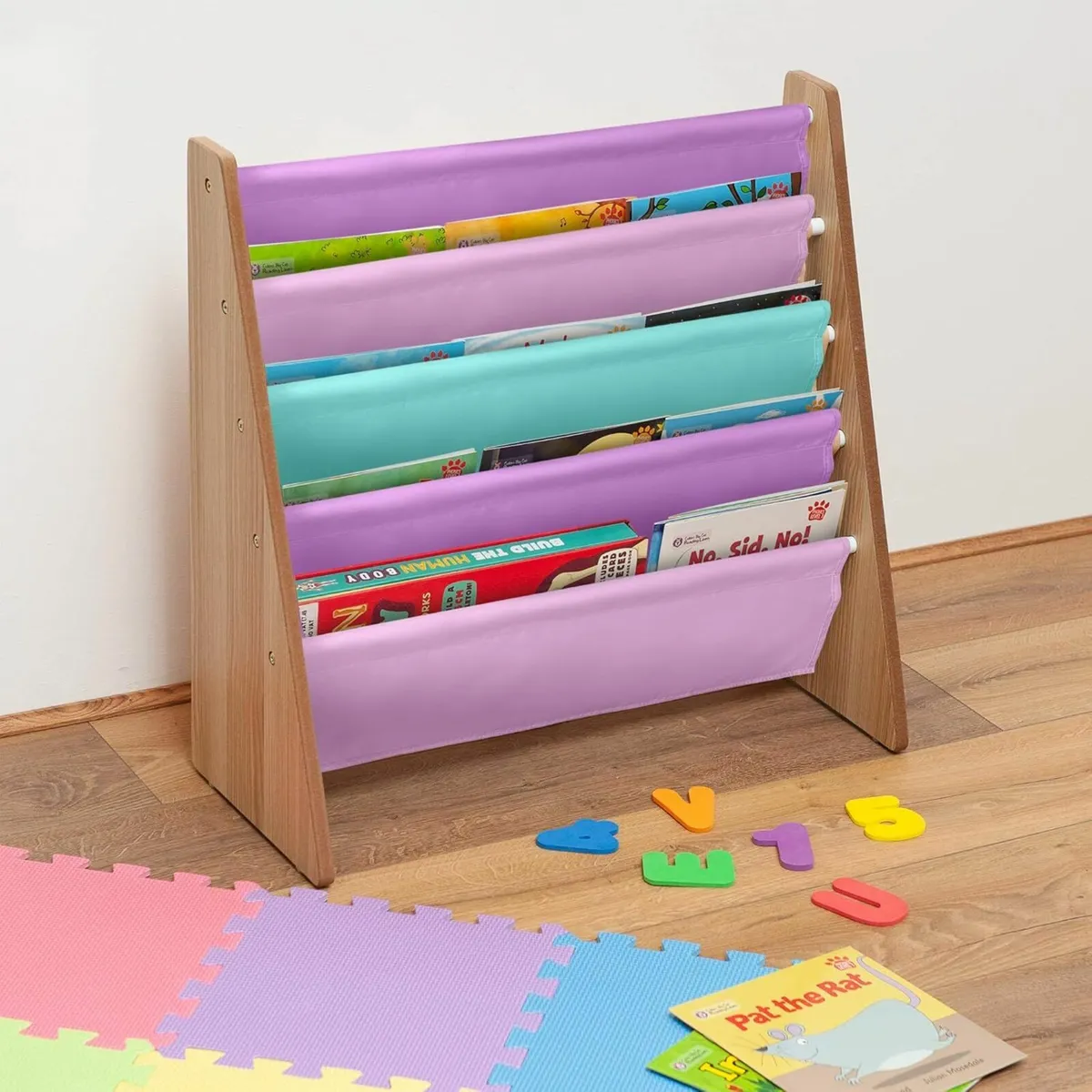 Childrens Colourful Sling Storage Bookshelf Pink - Image 4