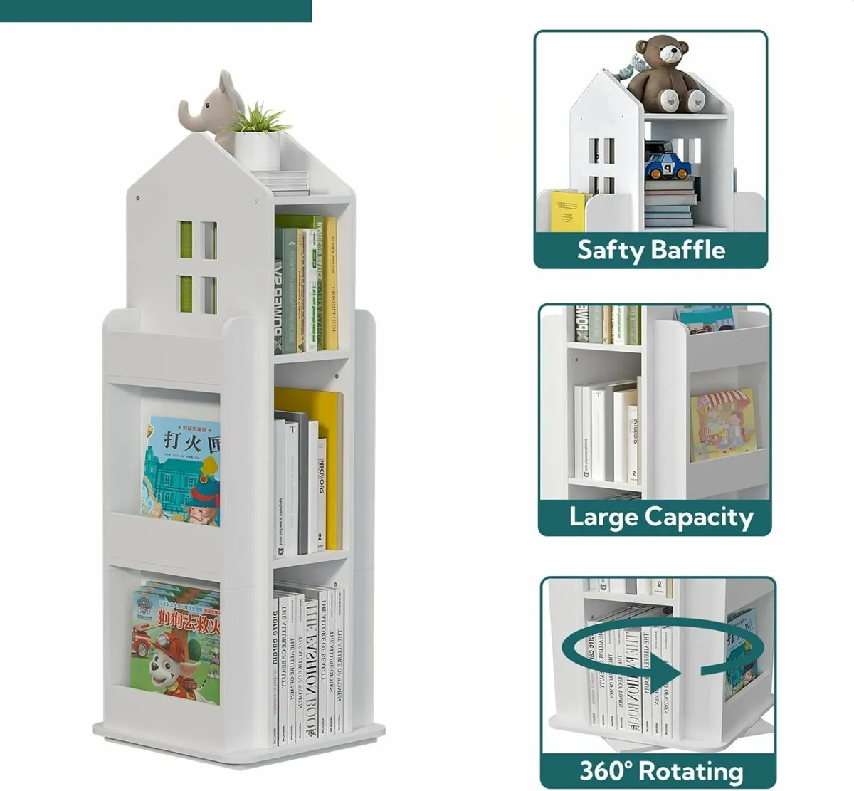Rotating Kids Bookshelf 3 Tier Bookcase Storage - Image 2