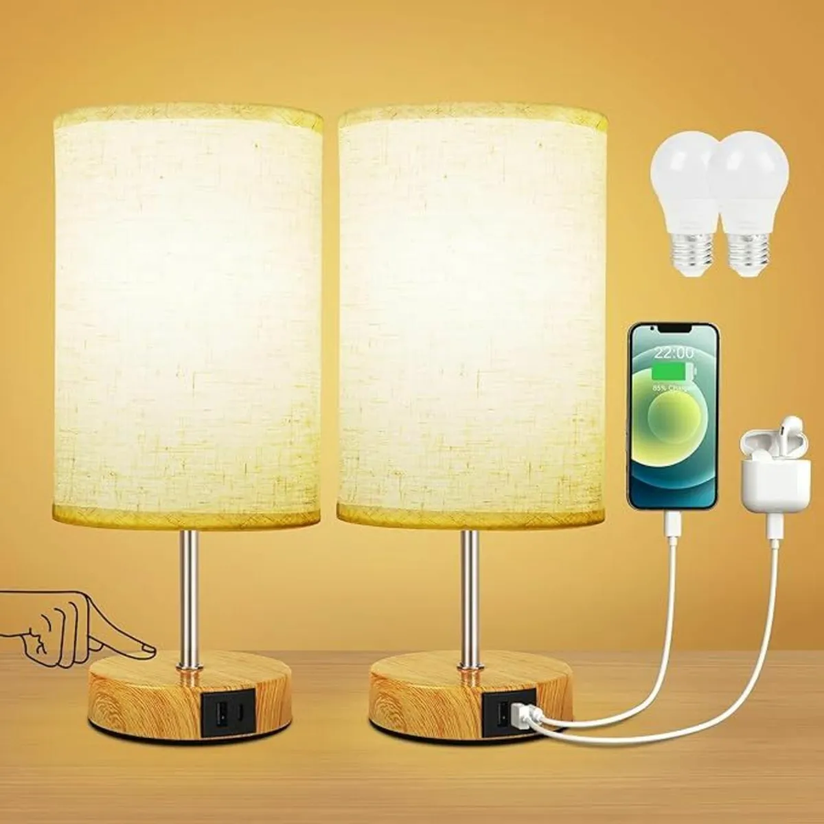 Bedside Lamps Set of 2, Touch Lamps USB A+C - Image 1