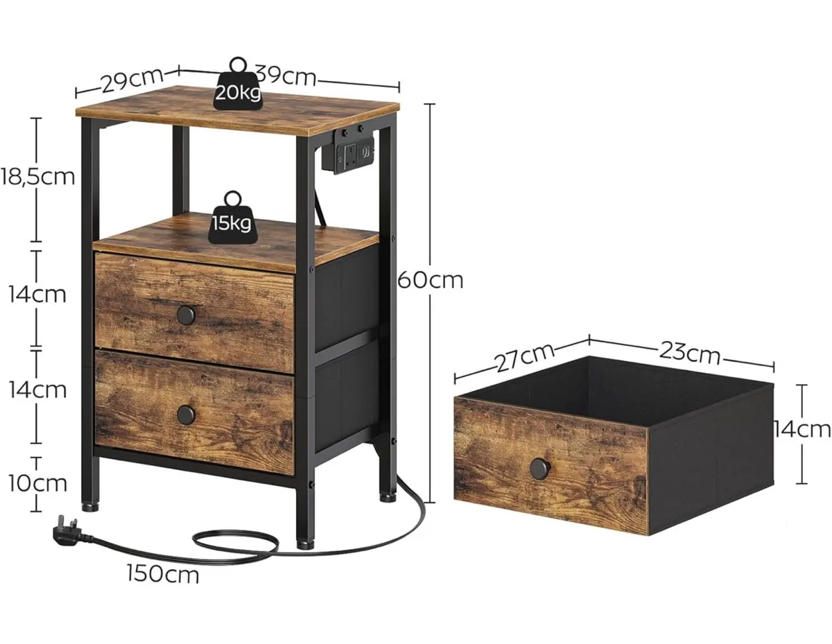 Bedside Table with Charging Station, End Table wit - Image 2