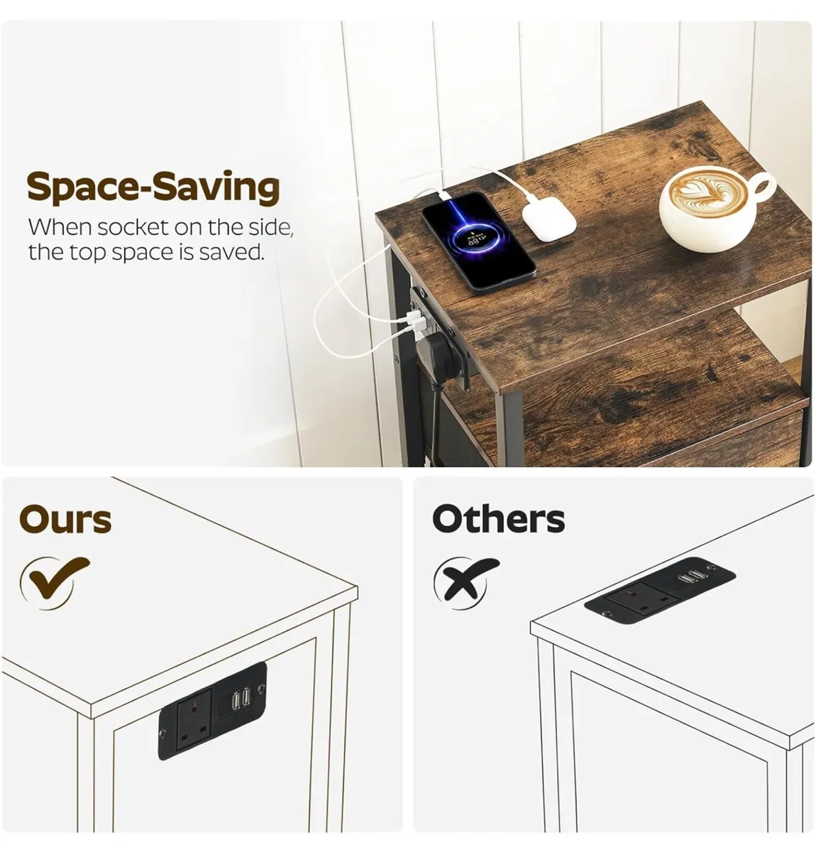 Bedside Table with Charging Station, End Table wit - Image 3