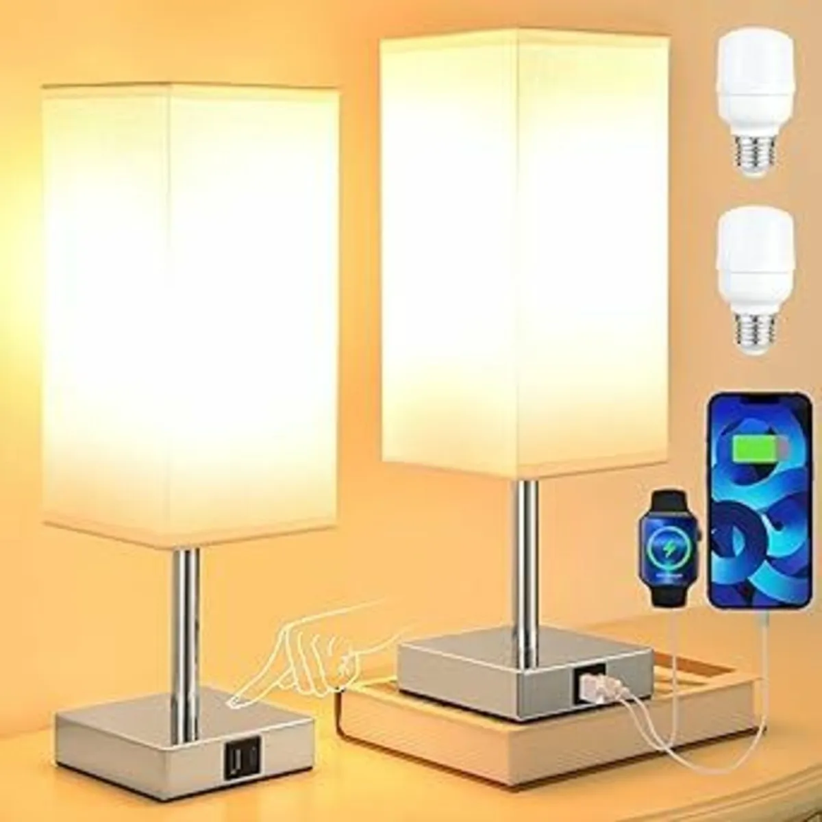 Bedside Lamps Set of 2, Touch Lamps USB-C+A Ports - Image 3