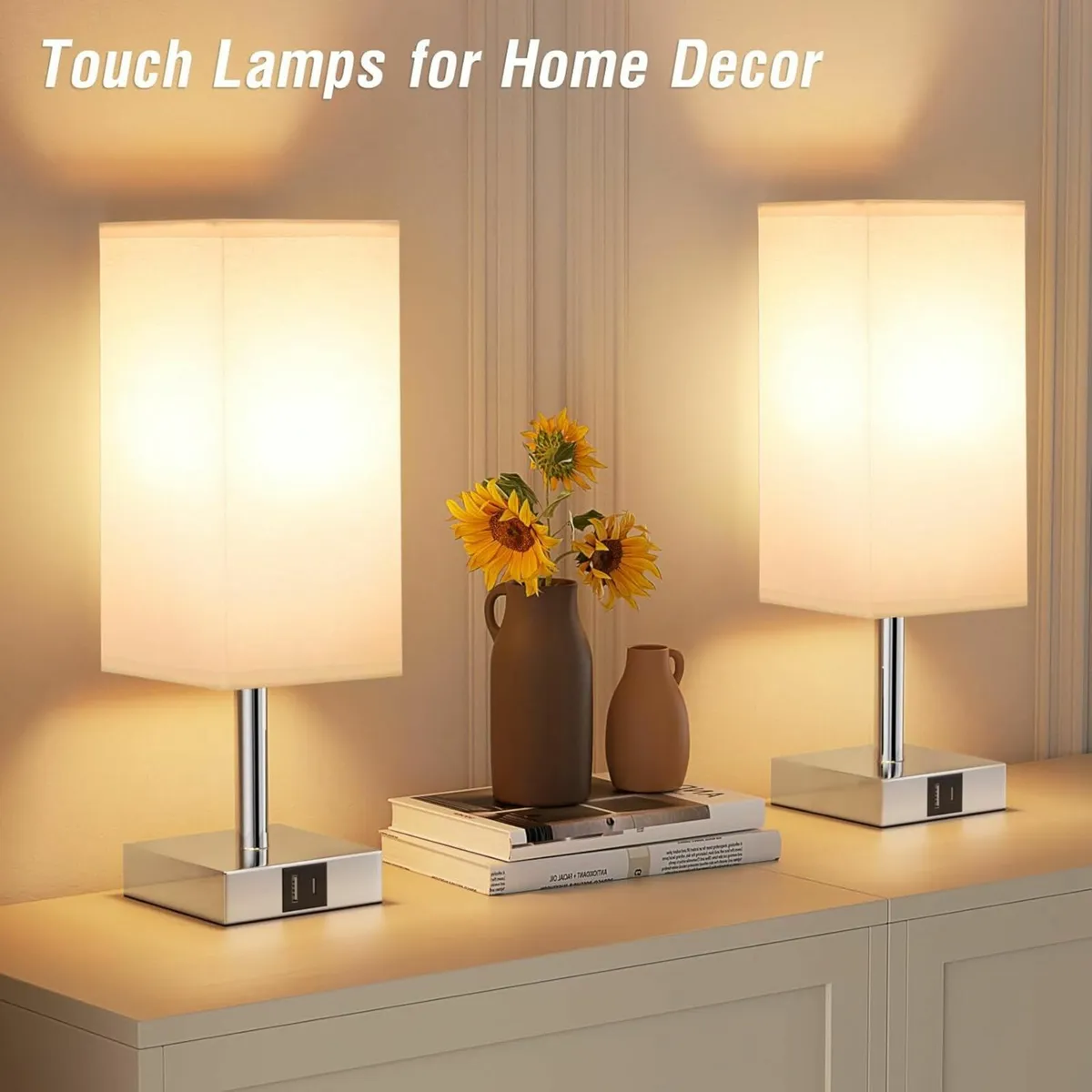 Bedside Lamps Set of 2, Touch Lamps USB-C+A Ports - Image 1