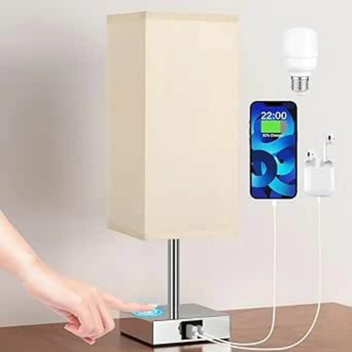 Bedside Lamp, Touch Control USB A+C Charging Ports - Image 2