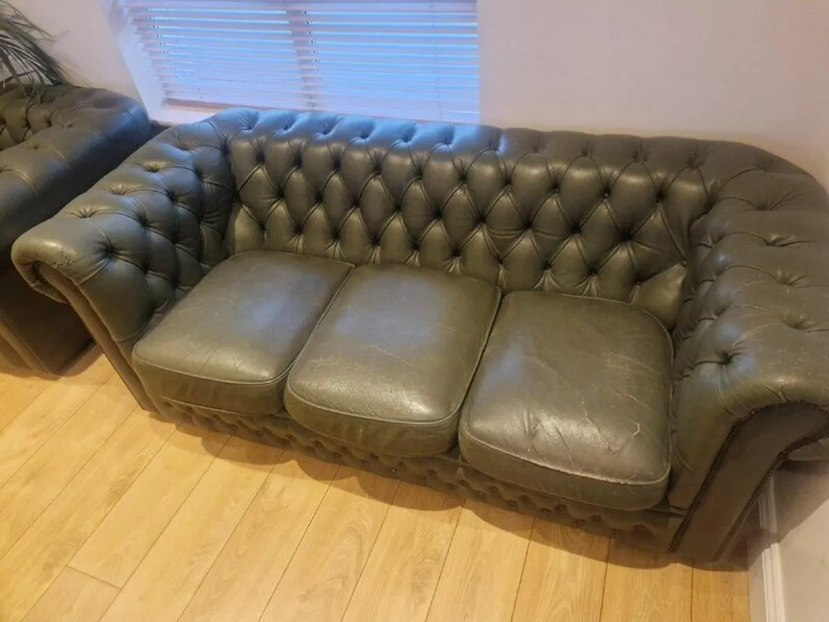Deep Buttoned Green Chesterfield Sofa and Armchair - Image 1
