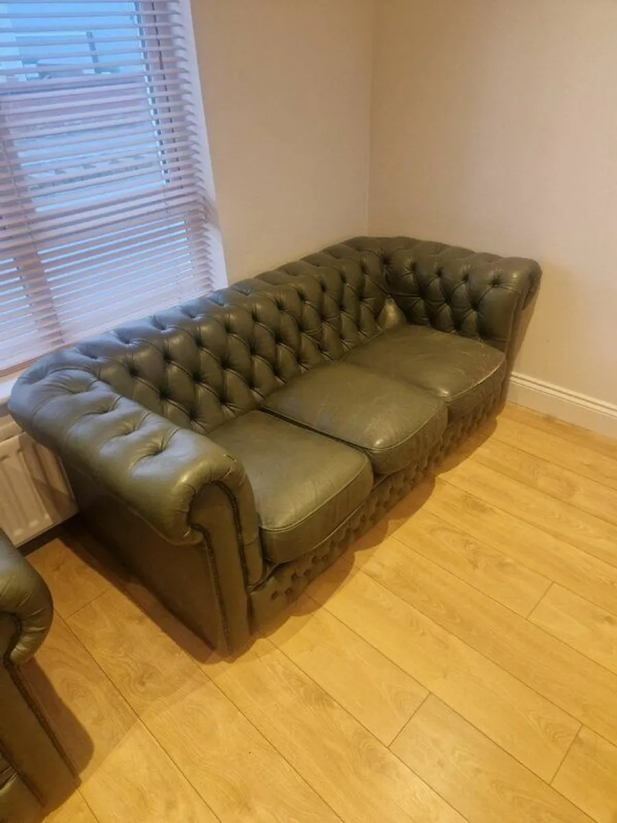 Deep Buttoned Green Chesterfield Sofa and Armchair - Image 2