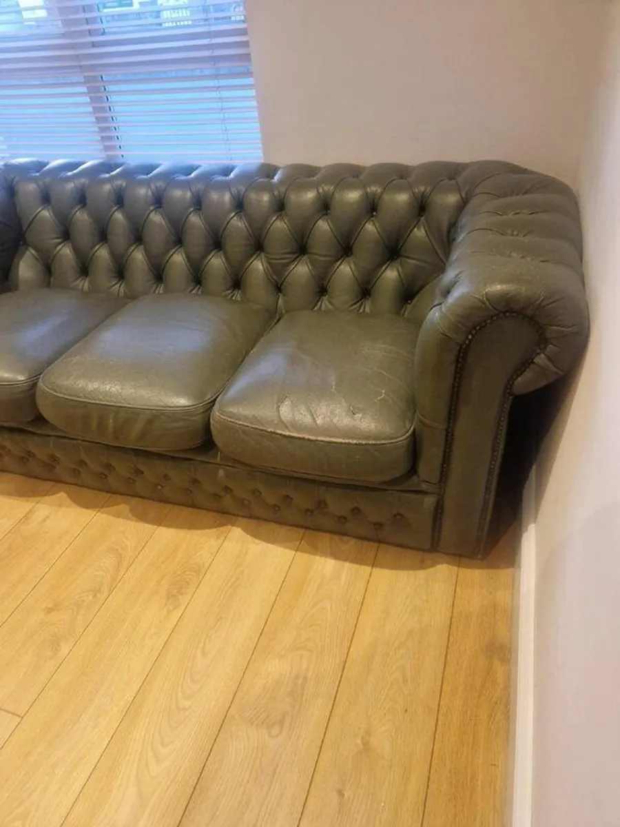 Deep Buttoned Green Chesterfield Sofa and Armchair - Image 3