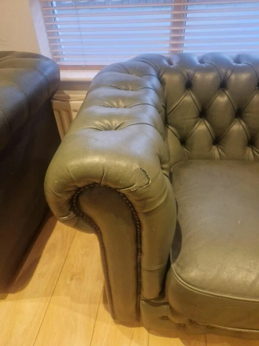 Deep Buttoned Green Chesterfield Sofa and Armchair - Image 4