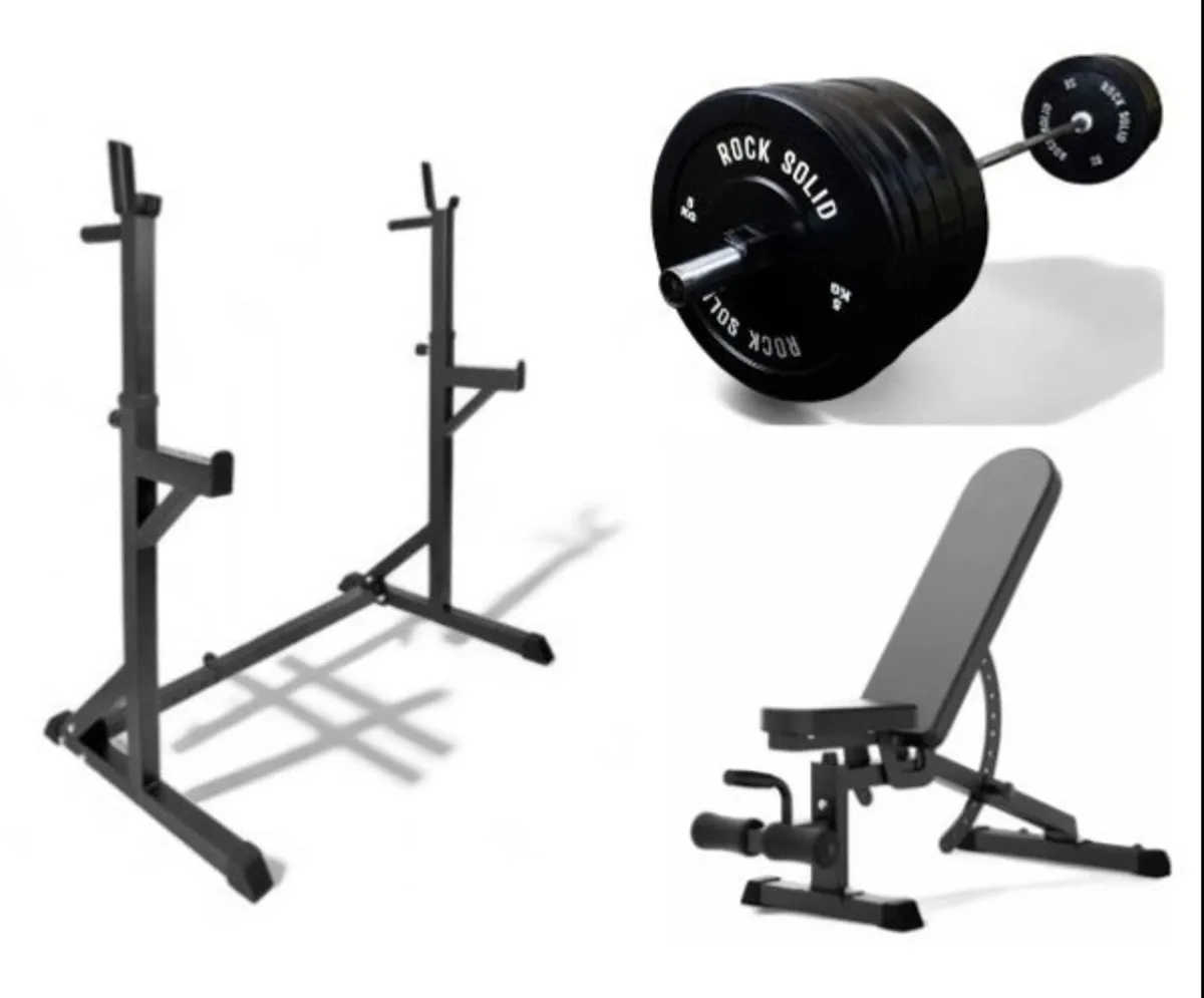 Squat rack, barbell, weights , bench (new) - Image 1