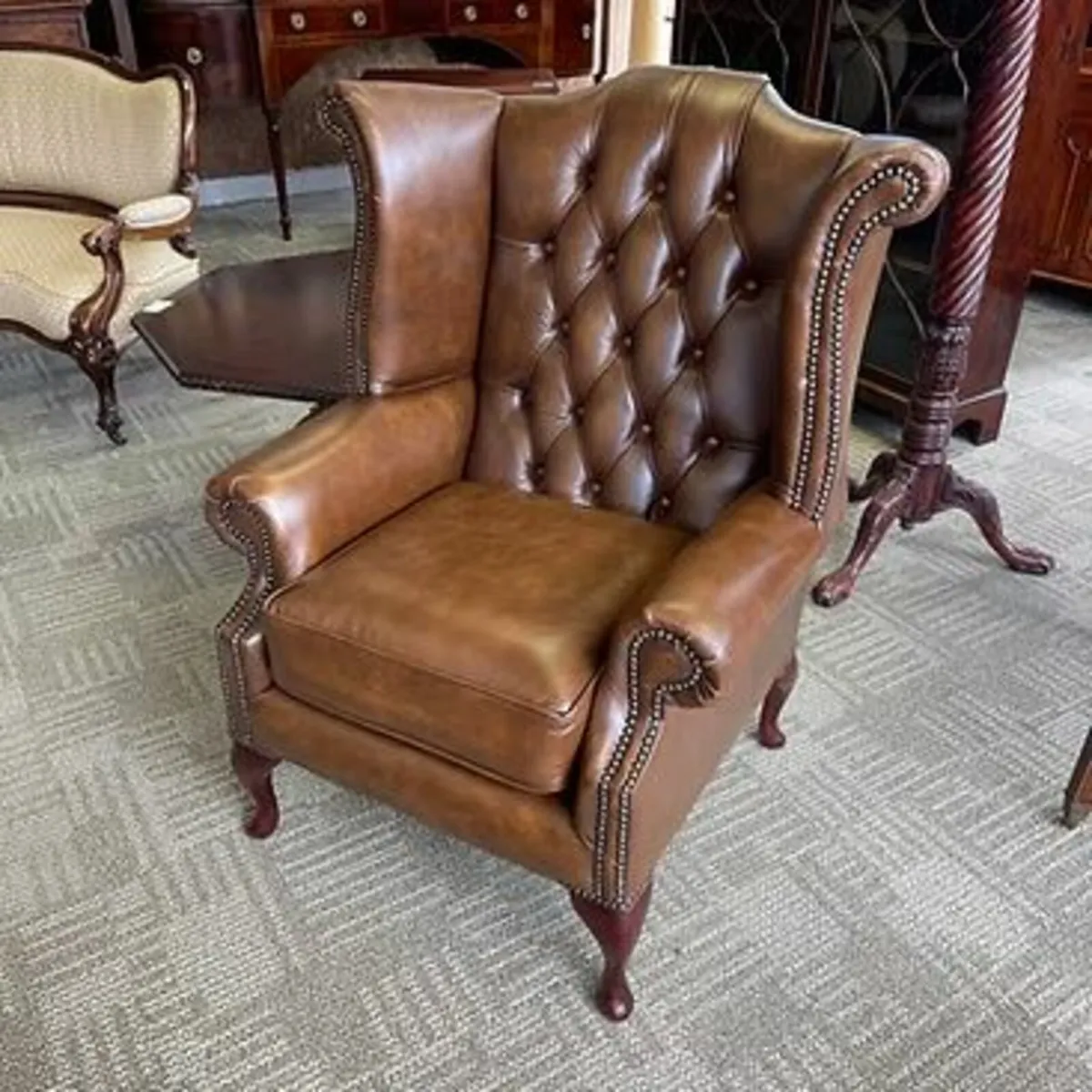 Queen Anne high back Chesterfield arm chair - TAN.