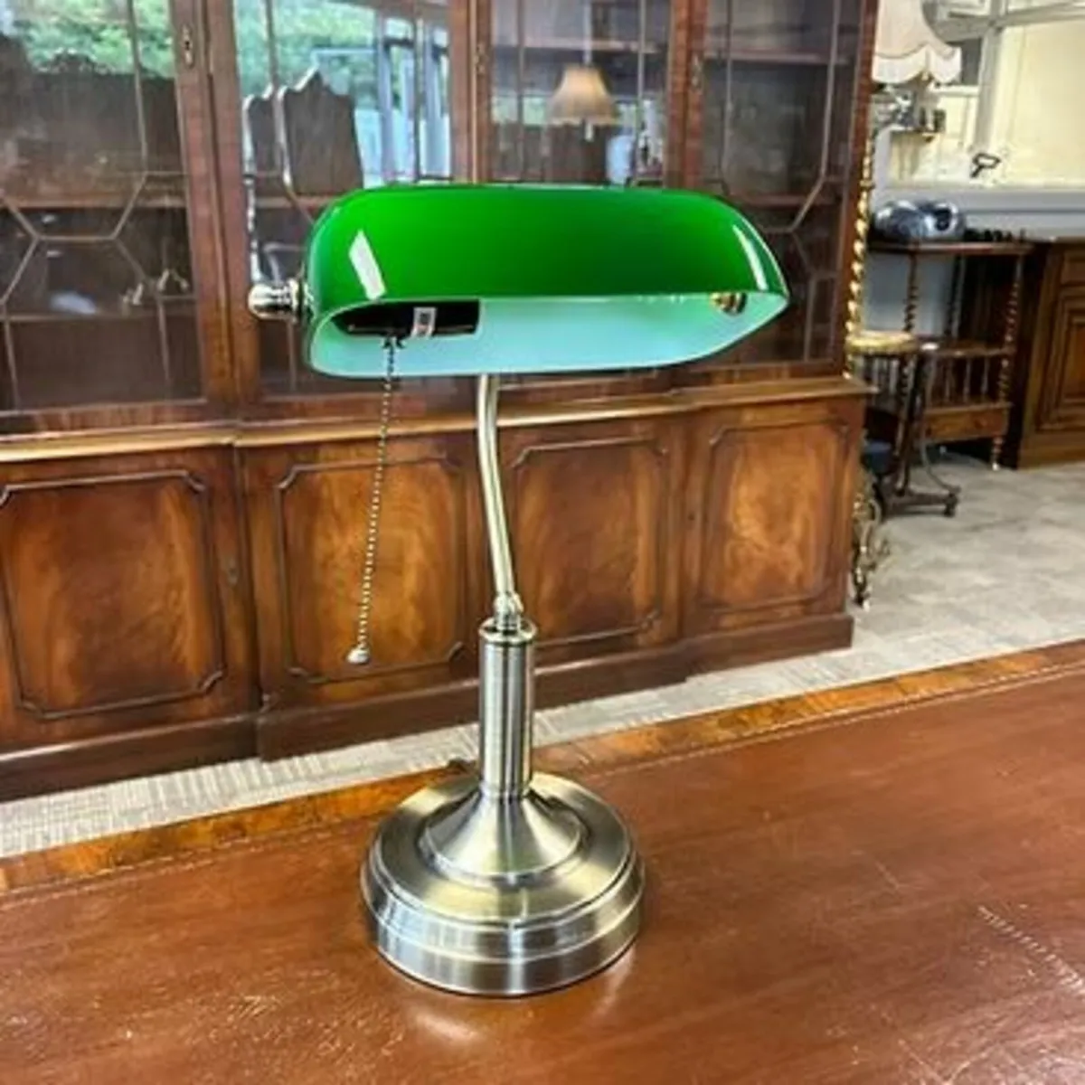 Brand new brass base green glass bankers desk lamp