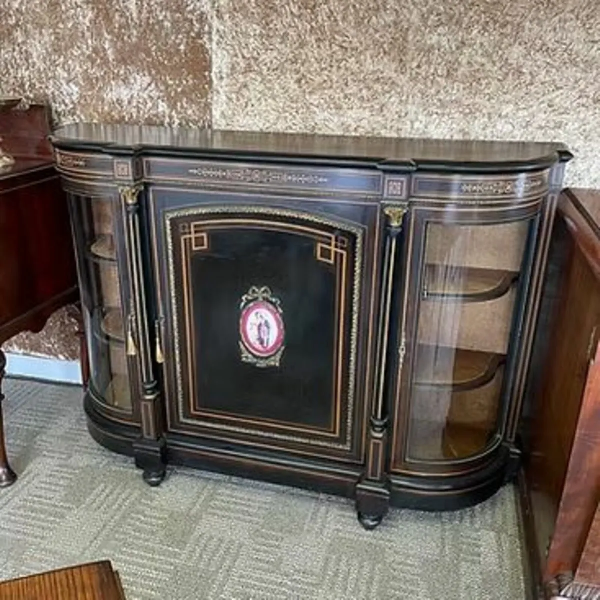 Antique Victorian ebonised inlaid credenza. Key in