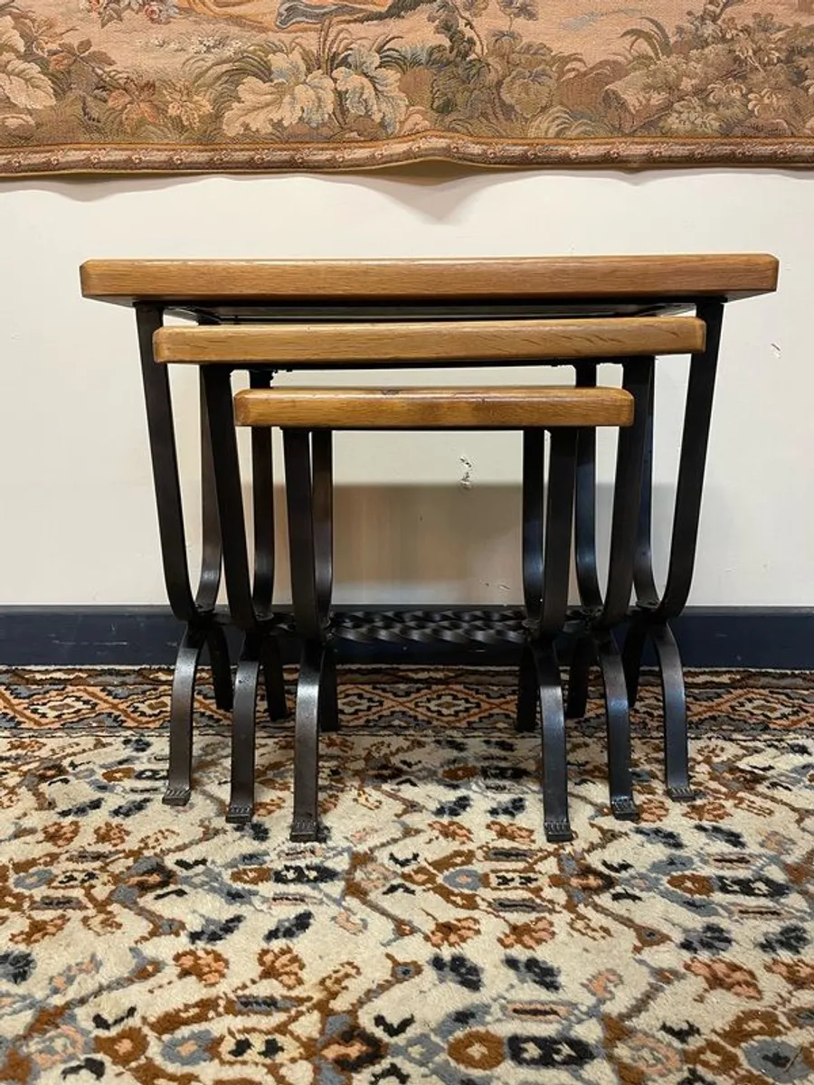 Wrought Iron and Oak Top Nest of Tables . - Image 1