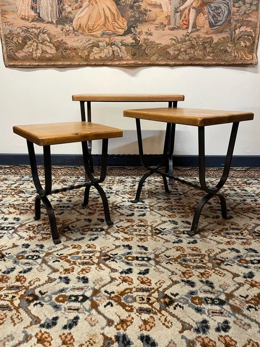 Wrought Iron and Oak Top Nest of Tables . - Image 2