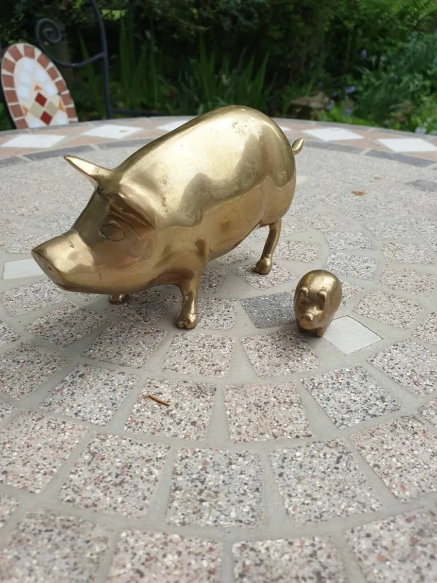 Vintage Large Brass Solid Pig and Piglet Ornament, - Image 1