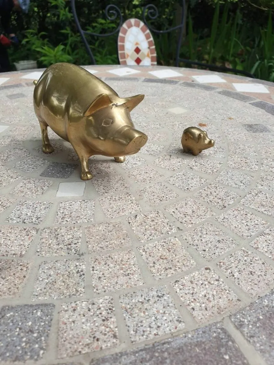 Vintage Large Brass Solid Pig and Piglet Ornament, - Image 2