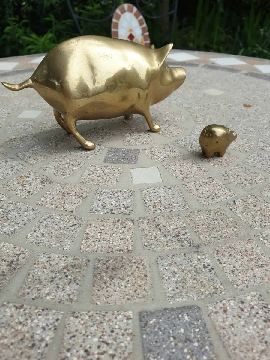 Vintage Large Brass Solid Pig and Piglet Ornament, - Image 3