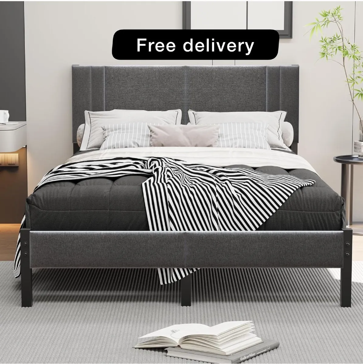 Double Bed Frame Upholstered Platform with Headboa - Image 1