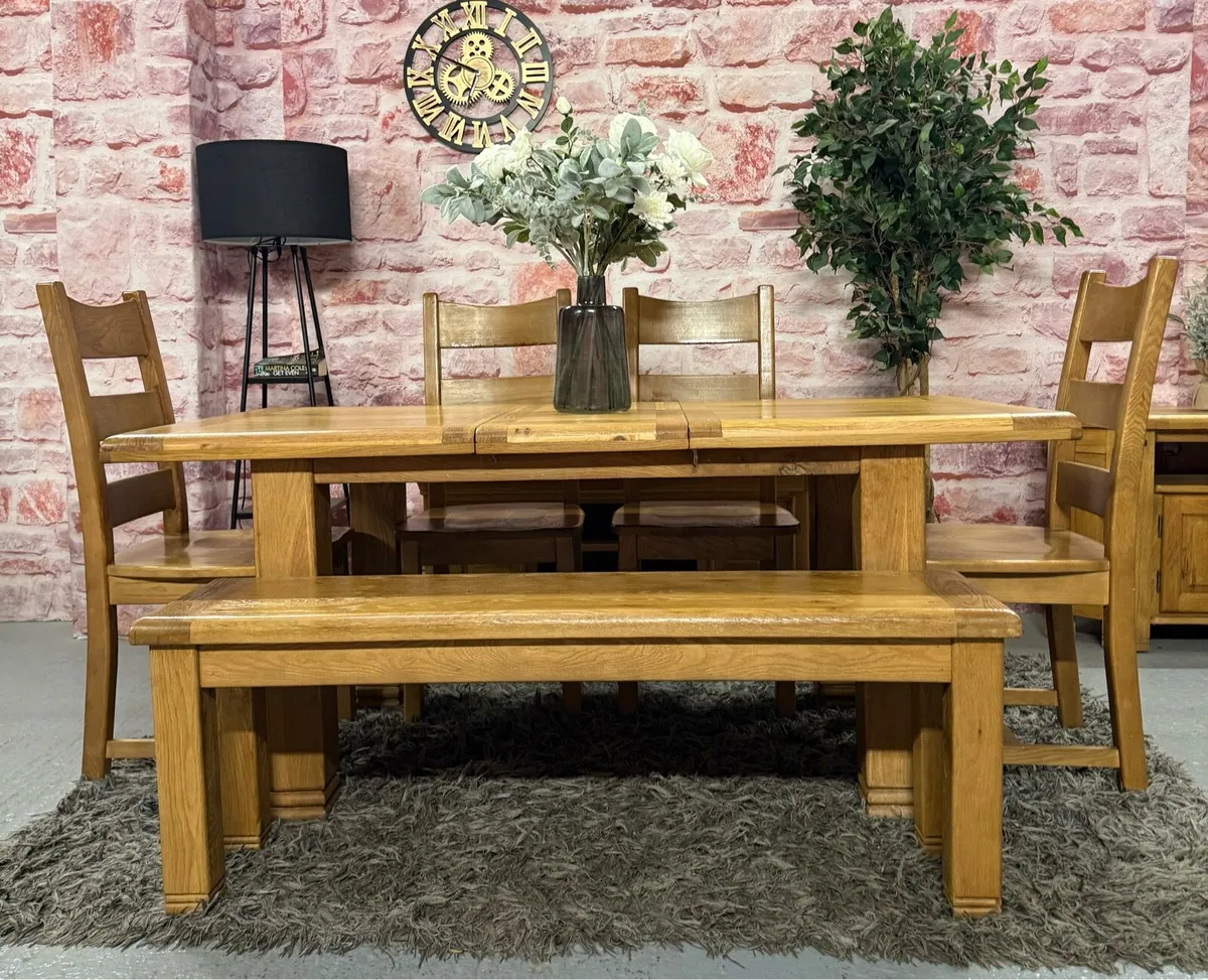 Extending oak kitchen table, 4 chairs & bench - Image 3