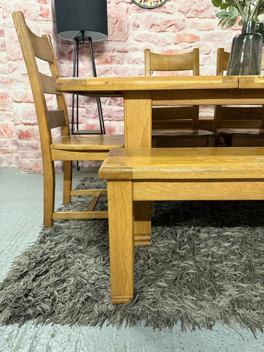 Extending oak kitchen table, 4 chairs & bench - Image 4