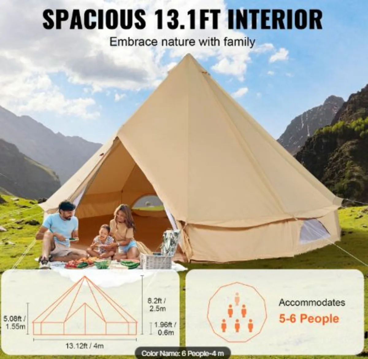 Canvas Bell Tent, 4 Seasons 4 m/13.12ft Yurt Tent - Image 3