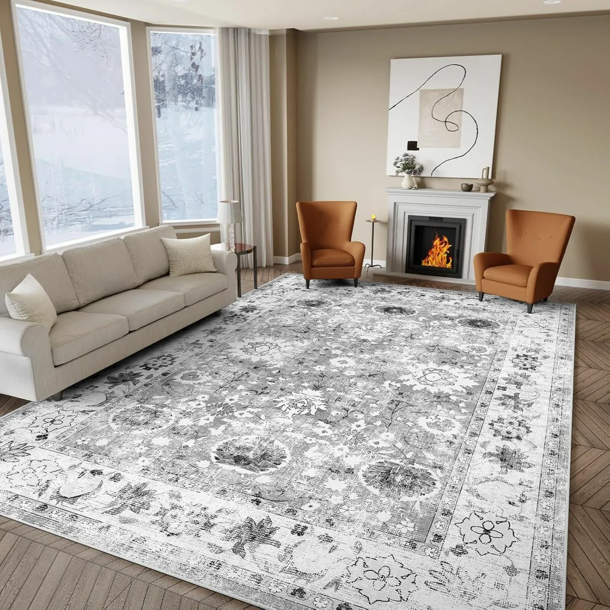 Grey Rugs Non-Slip Vintage Living Room 200x300cm - Image 1