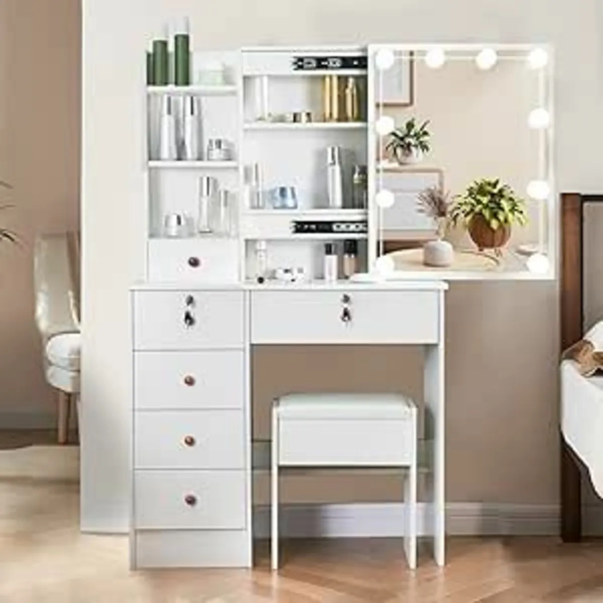 Makeup Dressing Table Mirror Stool Drawers Bedroom - Image 2