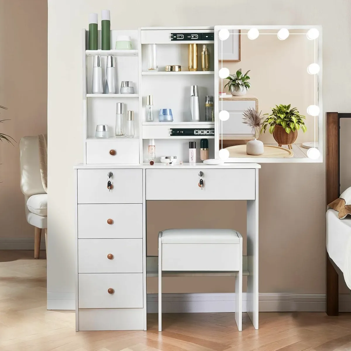 Makeup Dressing Table Mirror Stool Drawers Bedroom - Image 1