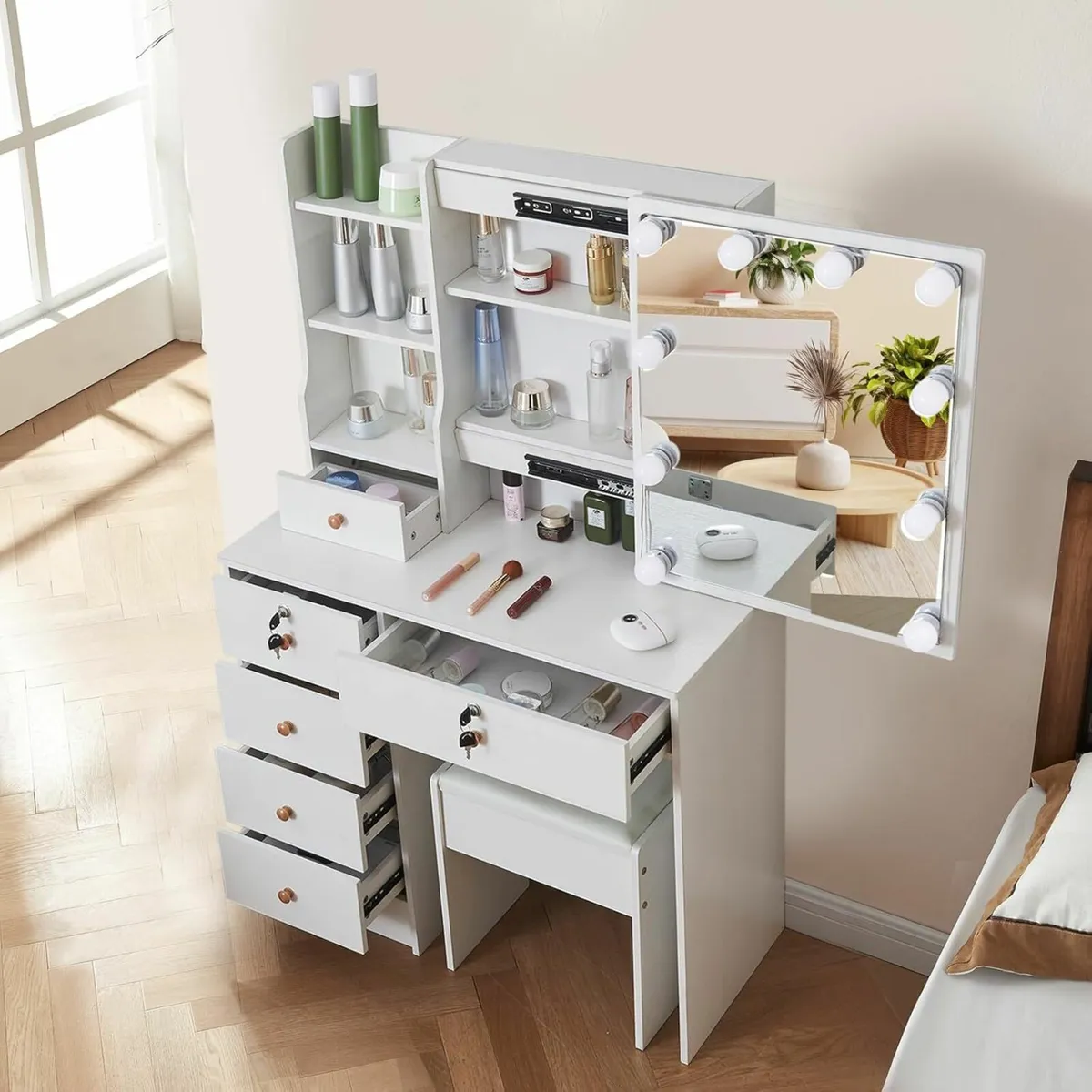 Makeup Dressing Table Mirror Stool Drawers Bedroom - Image 4