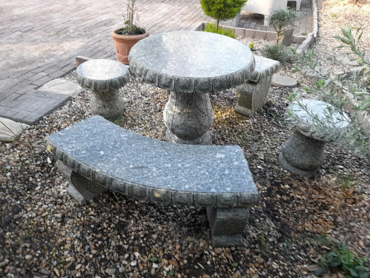 Granite Table + 2 Curved Benches + 2 Stools - Image 1