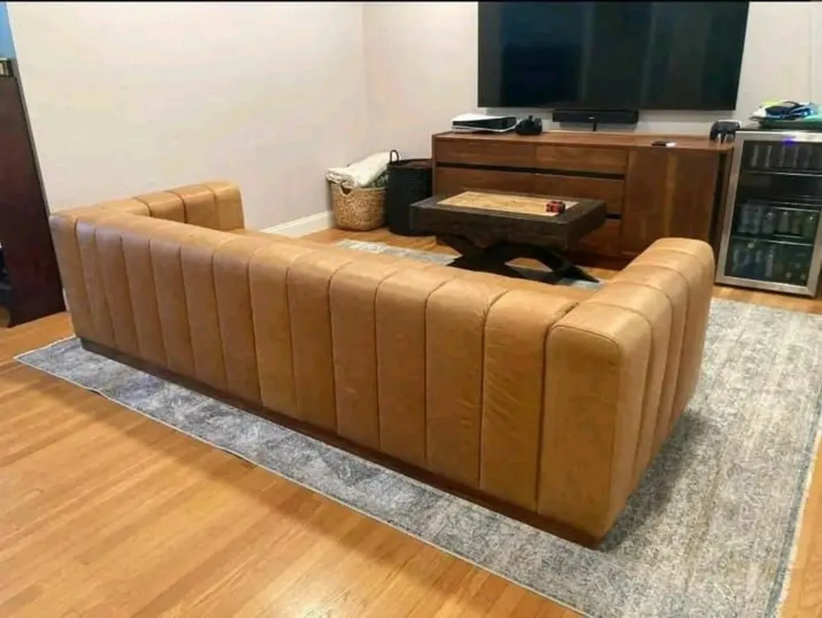 Couch saddle Leather sofa With  Walnut Base - Image 1