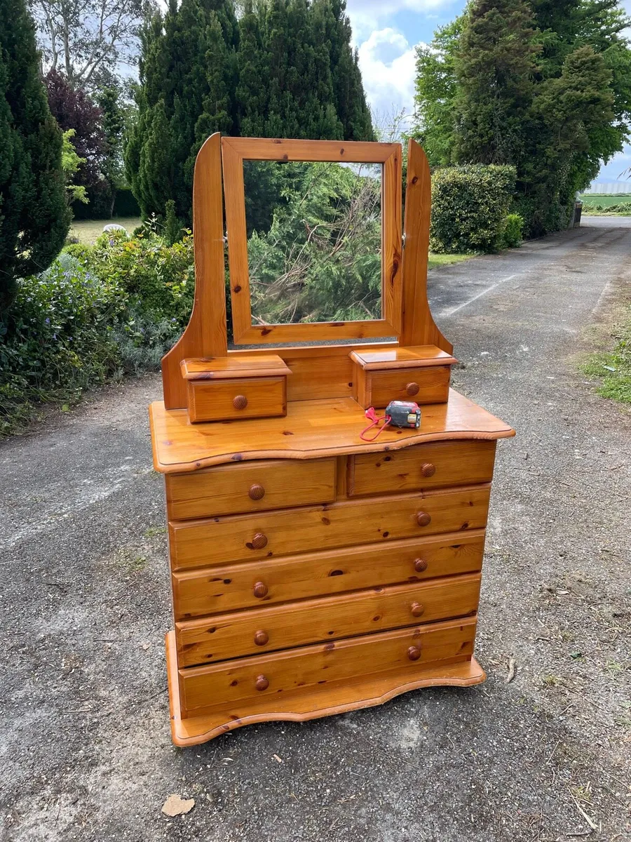 Heavy wooden chest of drawer + mirror - Image 1
