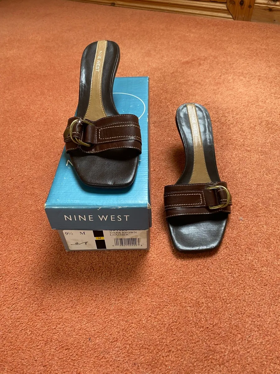 Nine West Brown Leather Mules with Buckle Strap - Image 1