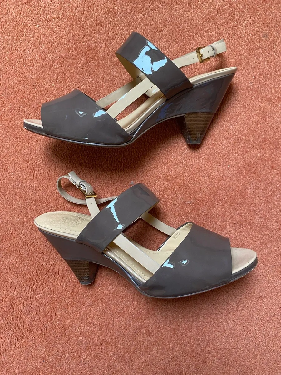 Clarks Mink Brown Patent Sandals with Cream Strap - Image 1