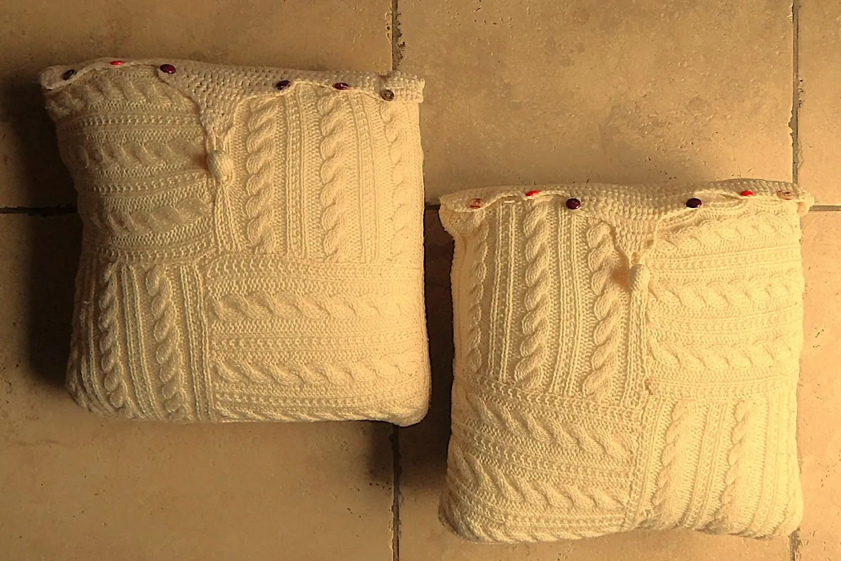 Pair of Cream Cable Knit Cushions with Buttons - Image 1