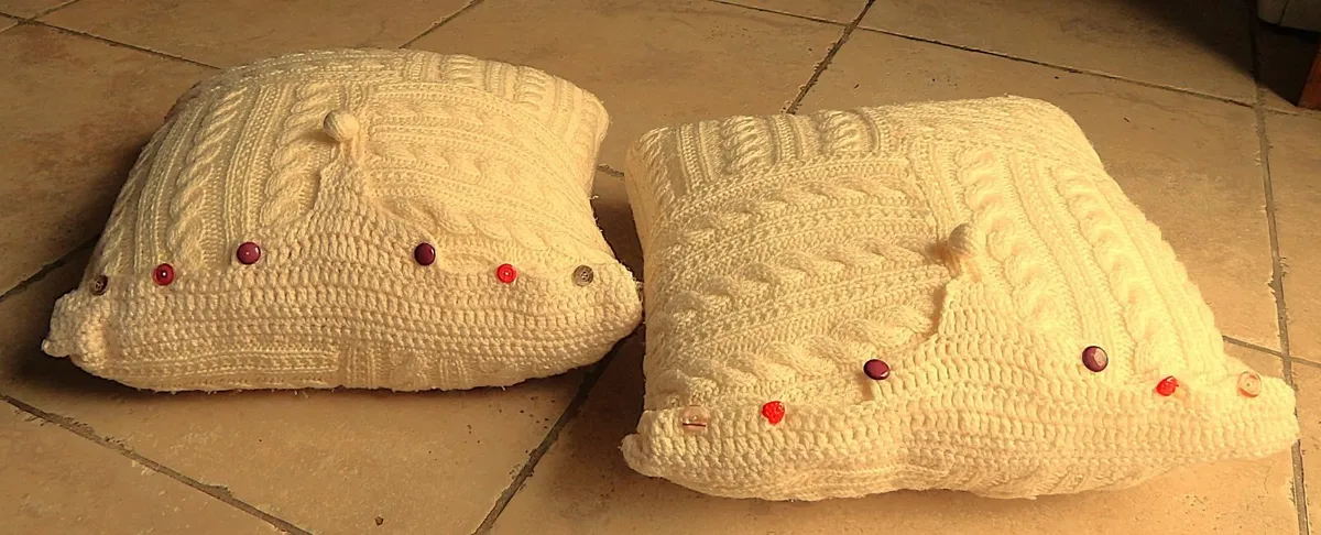 Pair of Cream Cable Knit Cushions with Buttons - Image 2