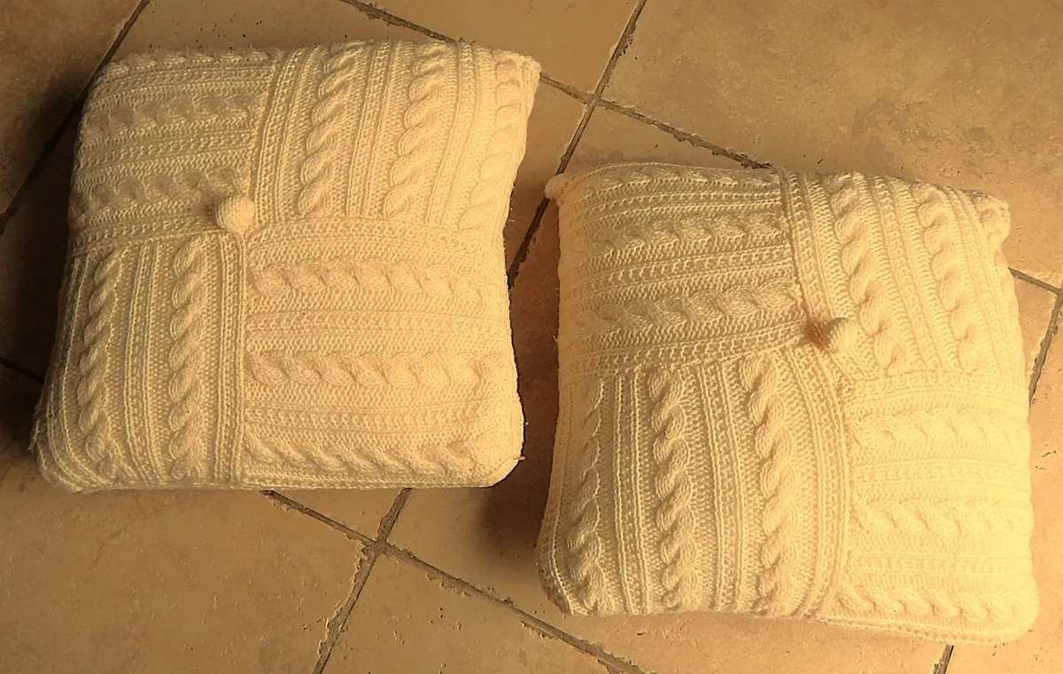 Pair of Cream Cable Knit Cushions with Buttons - Image 3