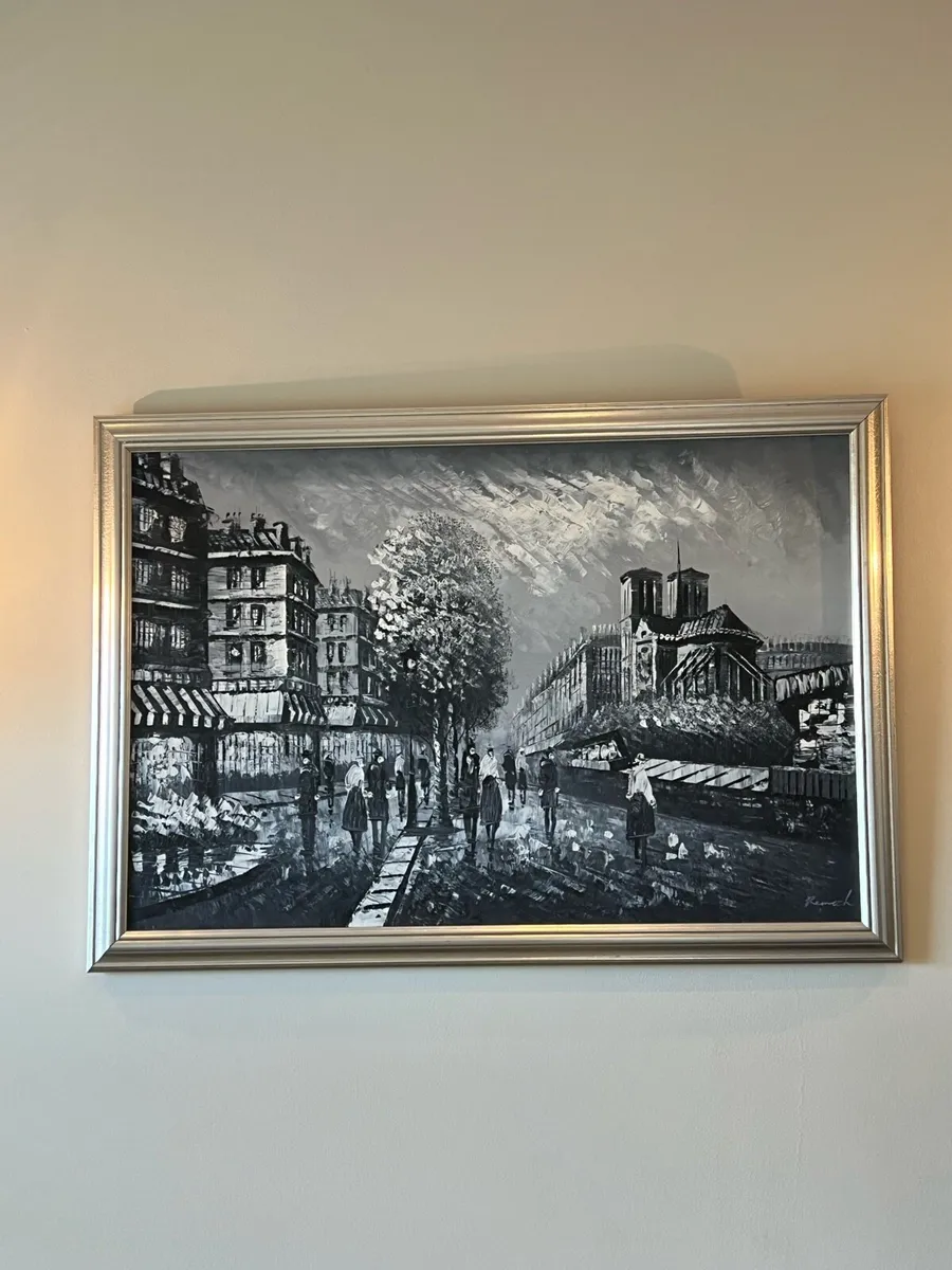Large Framed Black and White Oil Painting