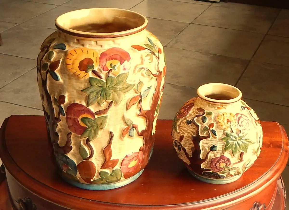 2 Staffordshire Handpainted Indian Tree Vases - Image 2