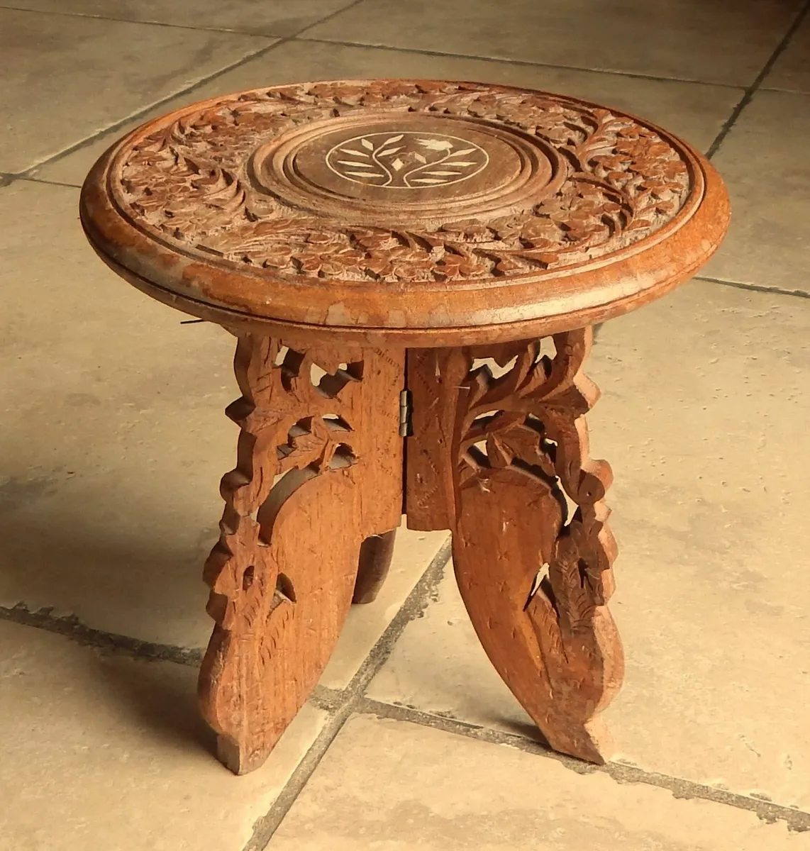 Vintage  Handmade Small Folding Carved Wood Table - Image 1